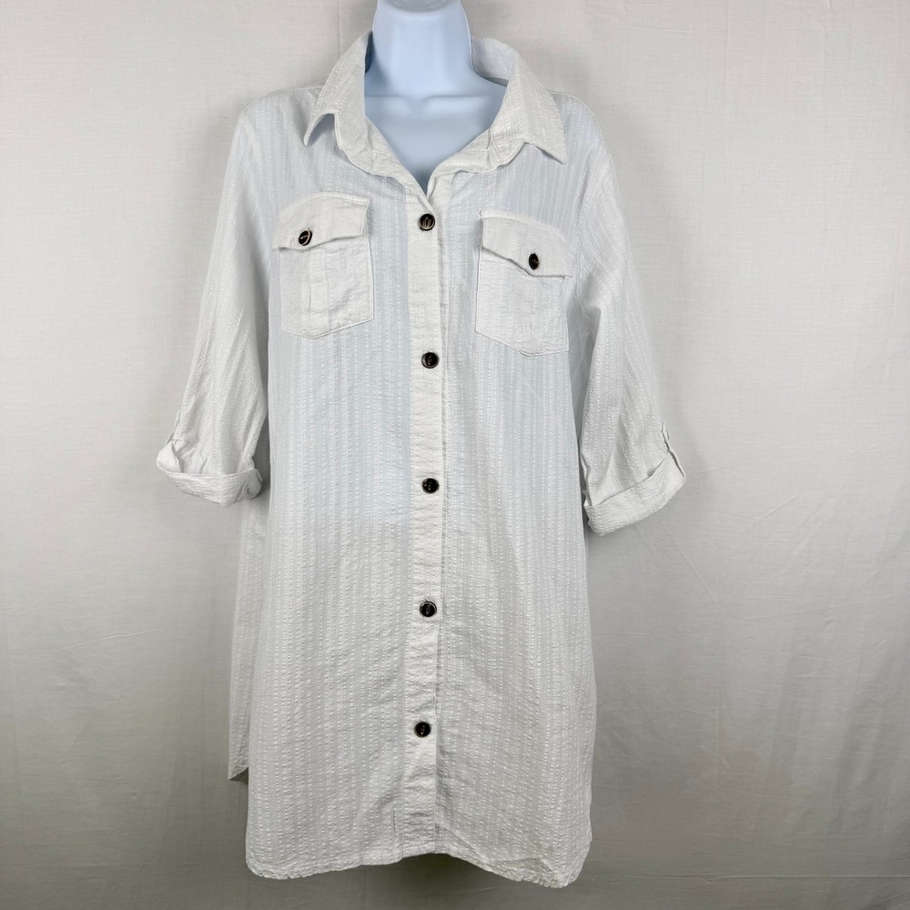 Dotti White Seersucker Button Down Beach Cover Up Shirt Roll Tab Sleeve Large